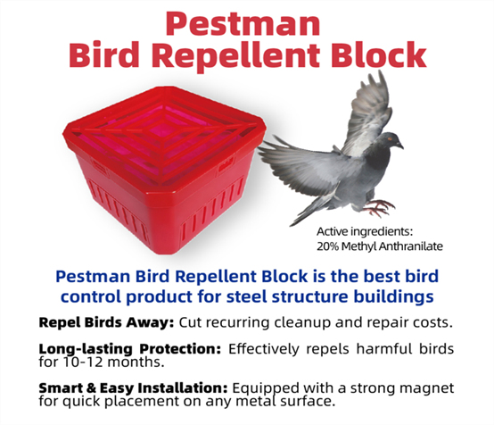 Pestman Bird Repellent Block- Global Delivery to Your Door – The best bird control solution for Steel structures buildings, Steel beams, Hangars, Transmission towers, Substations, Solar panels